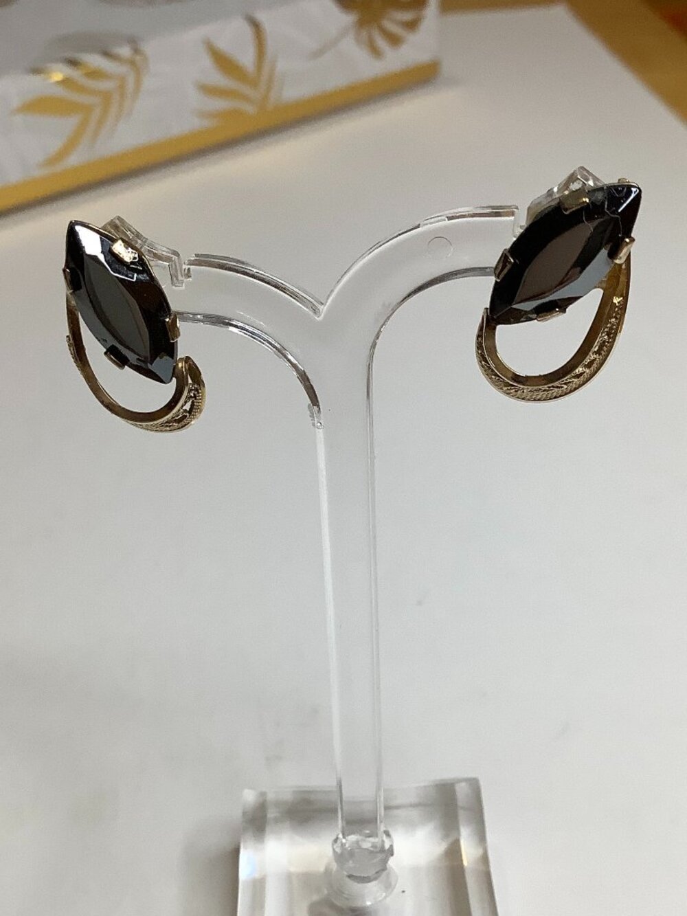 VINTAGE 925 Sterling Silver Black Hematite Marquise Stud Hoop Earrings Gold